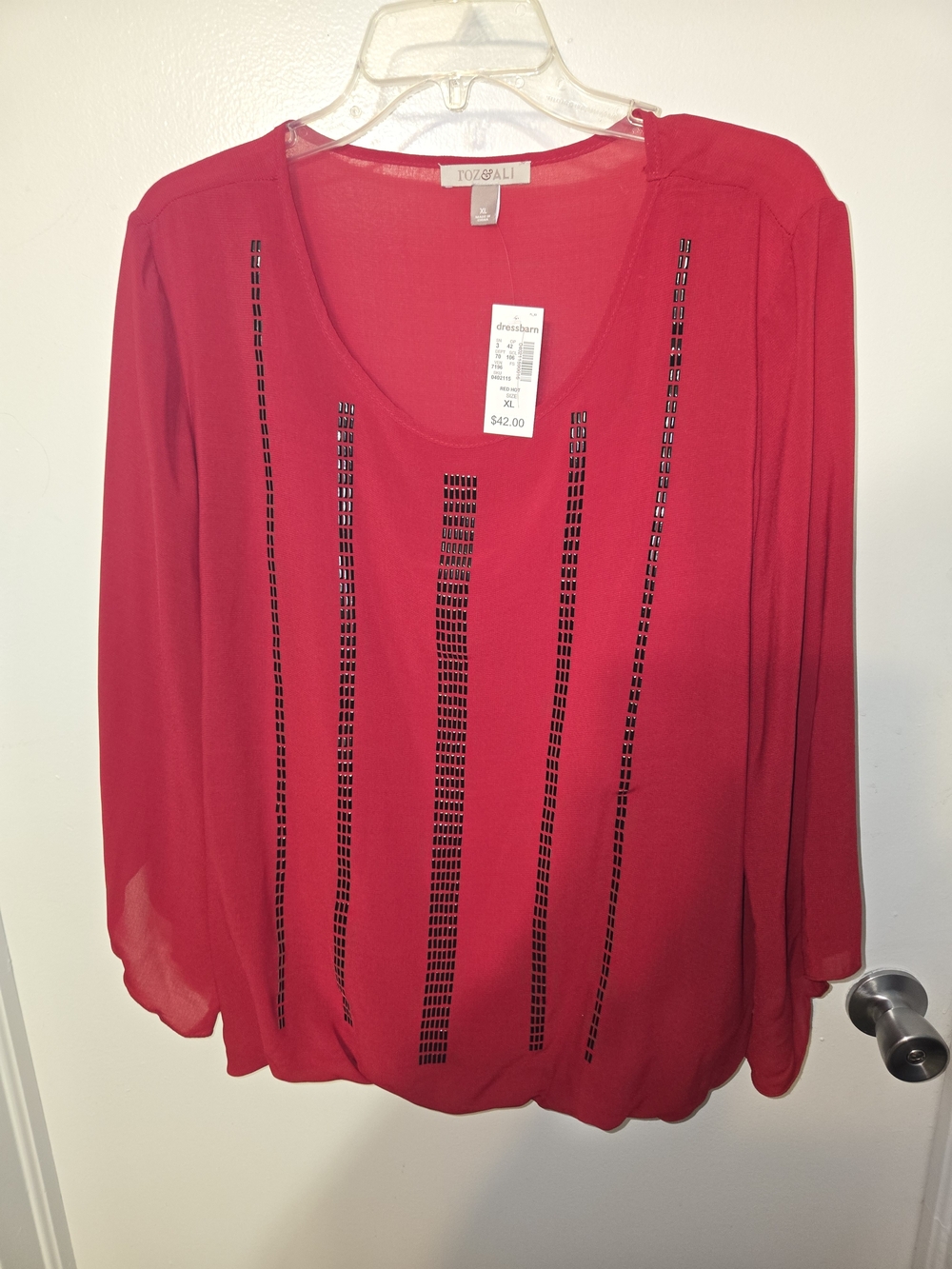 Roz & Ali Women's Red Embellished Long-Sleeve Top Size XL
